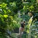 A woman hangs from a zip line in a jungle